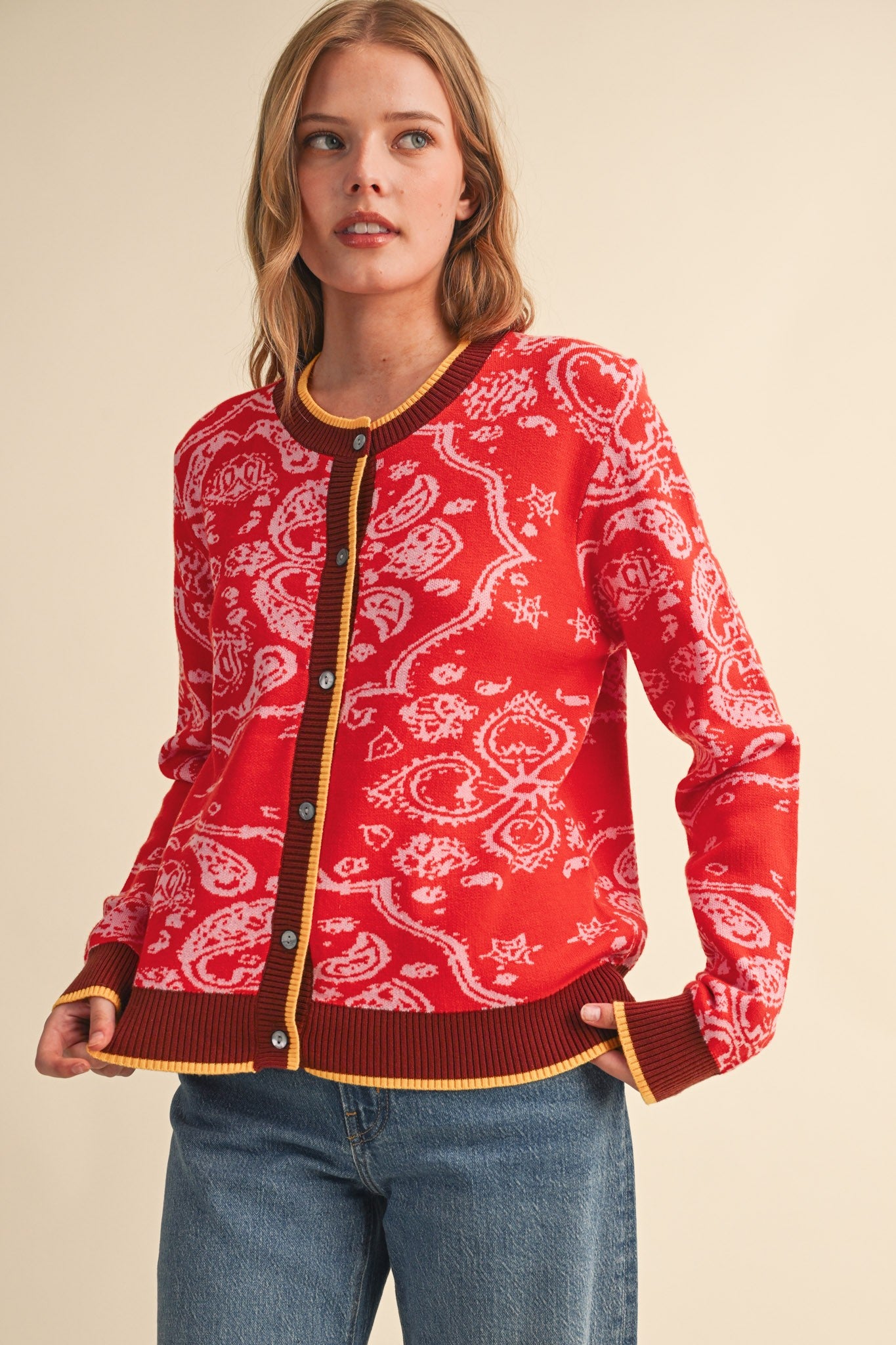 Paisley Portrait Contrast Trim Paisley Cardigan in Poppy Red, photo 1
