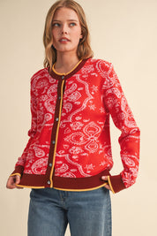 Paisley Portrait Contrast Trim Paisley Cardigan in Poppy Red, photo 1