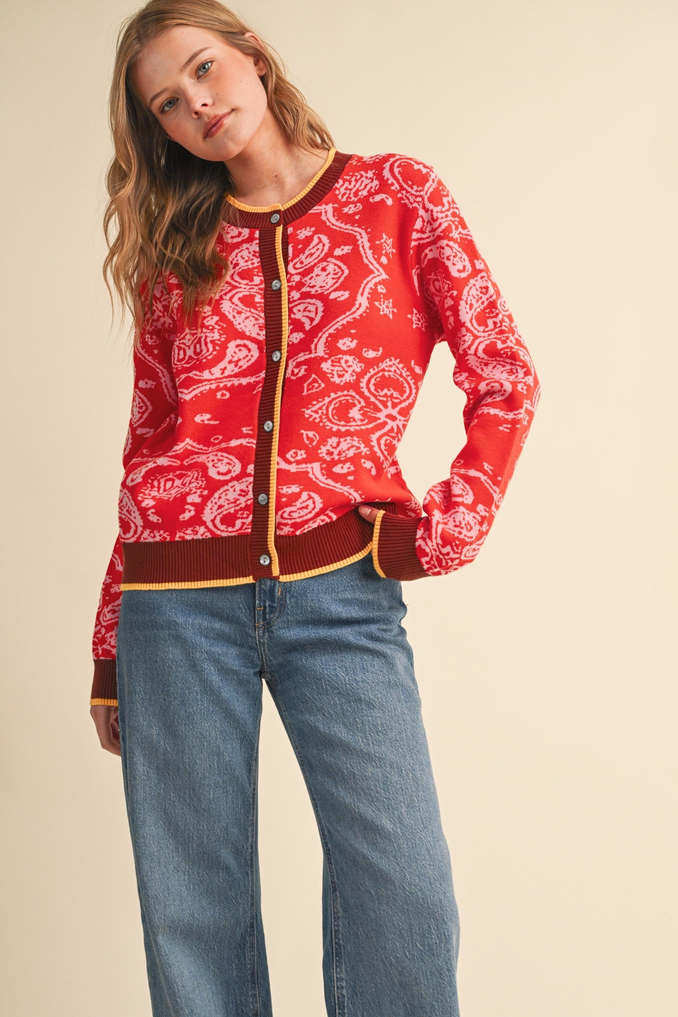 Paisley Portrait Contrast Trim Paisley Cardigan in Poppy Red, photo 5