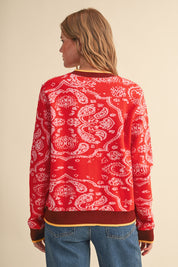 Paisley Portrait Contrast Trim Paisley Cardigan in Poppy Red, photo 6