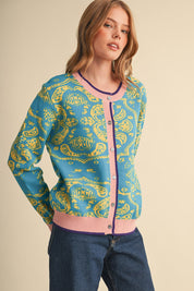 Paisley Portrait Contrast Trim Paisley Cardigan in Vivid Blue, photo 1