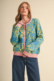 Paisley Portrait Contrast Trim Paisley Cardigan in Vivid Blue, photo 2