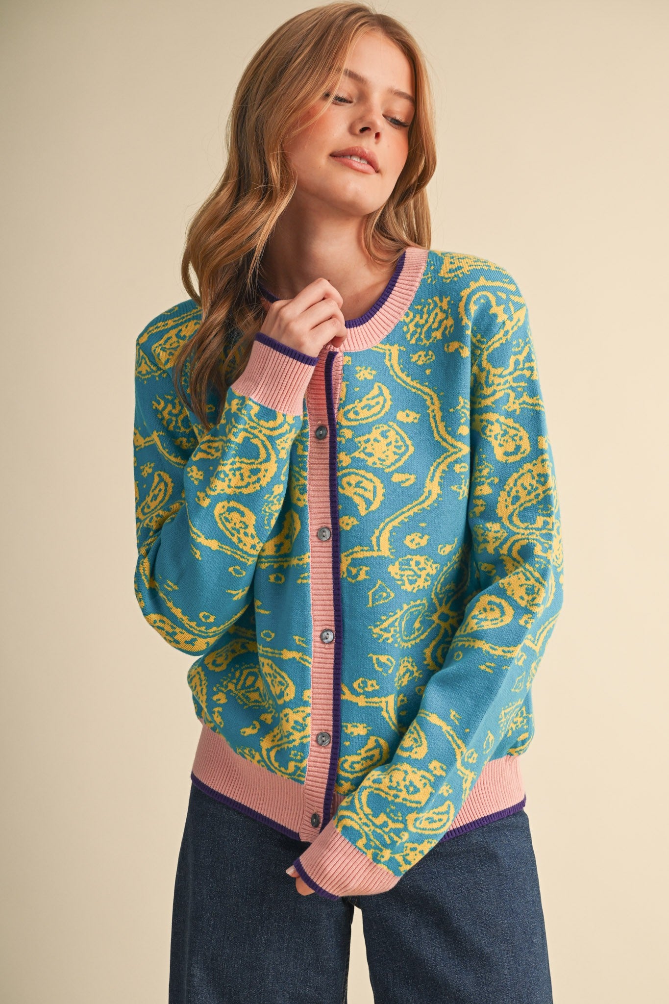 Paisley Portrait Contrast Trim Paisley Cardigan in Vivid Blue, photo 3