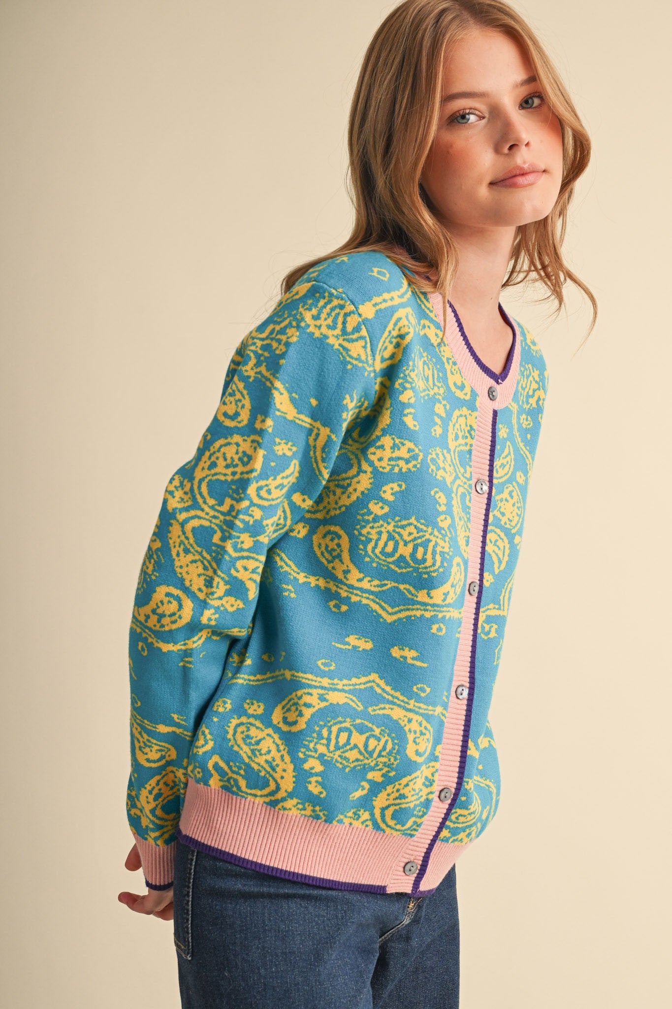 Paisley Portrait Contrast Trim Paisley Cardigan in Vivid Blue, photo 5