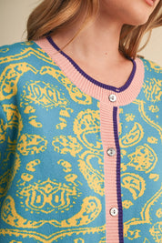 Paisley Portrait Contrast Trim Paisley Cardigan in Vivid Blue, photo 7
