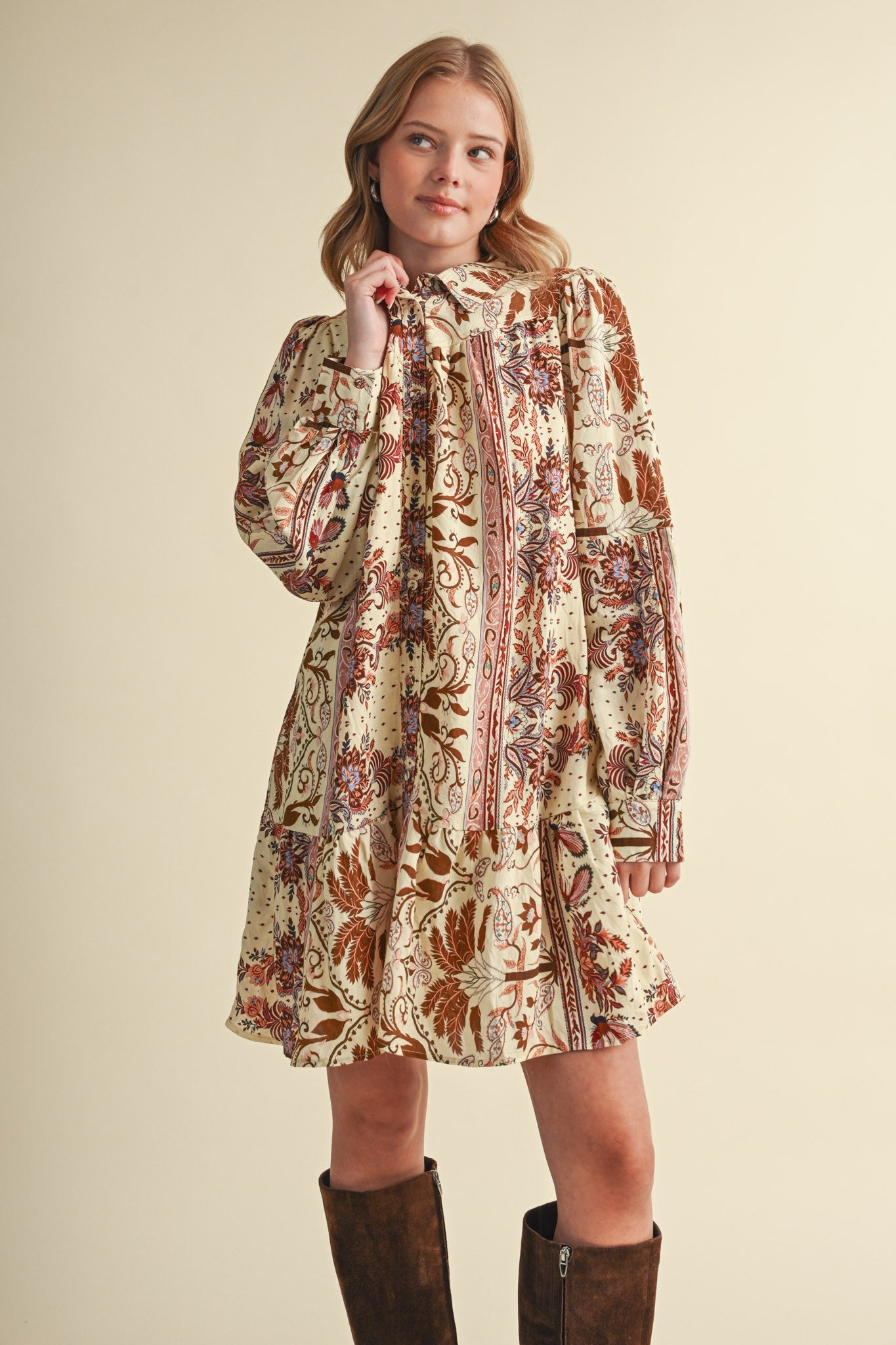 Paisley Promenade Paisley Button Down Mini Dress in Olive Multi Paisley, photo 1
