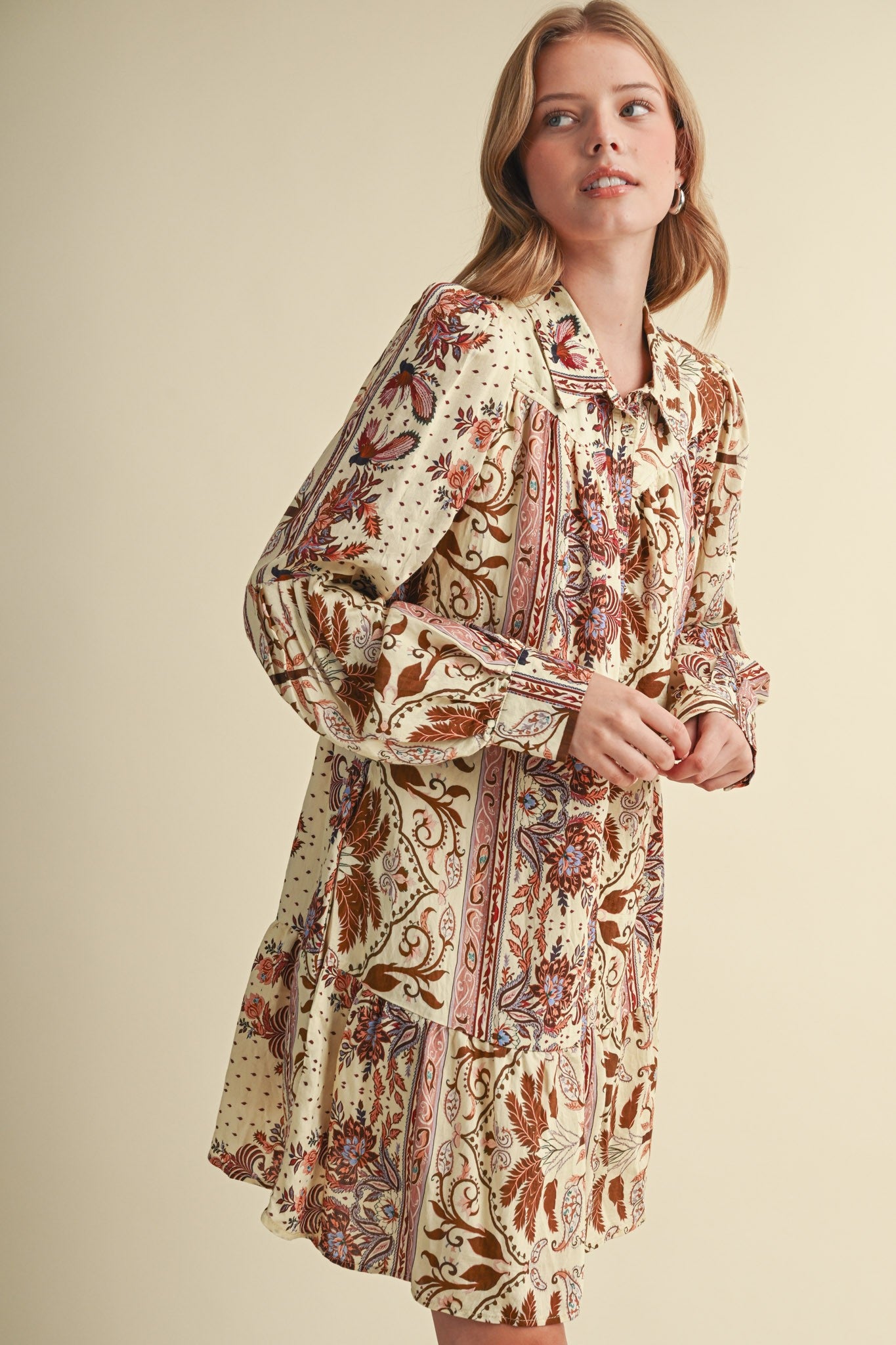 Paisley Promenade Paisley Button Down Mini Dress in Olive Multi Paisley, photo 3