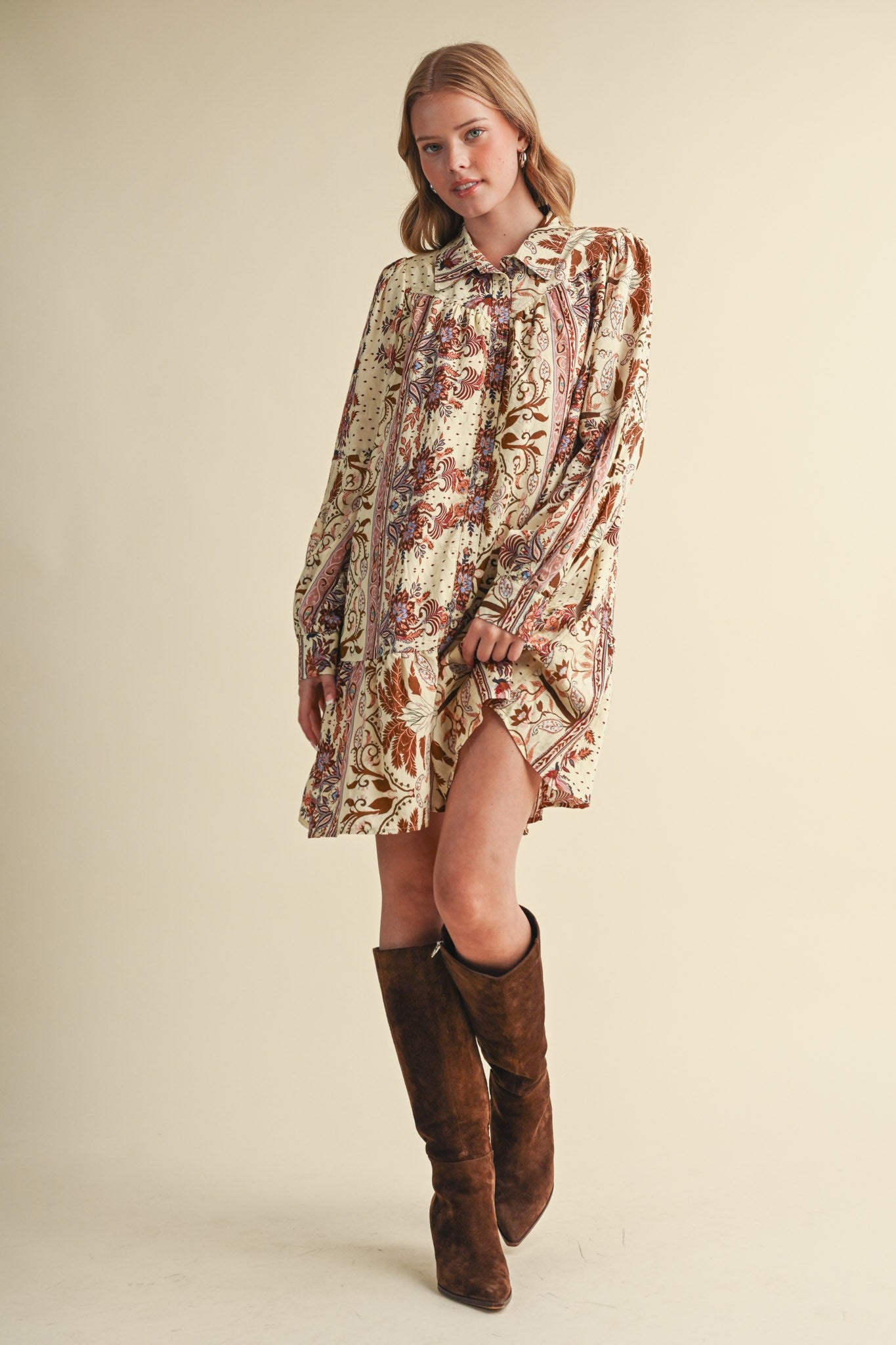 Paisley Promenade Paisley Button Down Mini Dress in Olive Multi Paisley, photo 5