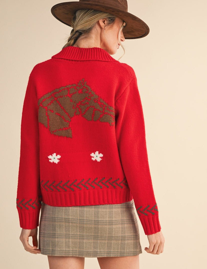 Paradise Canyon Horse Motif Knit Zip Sweater - Westly