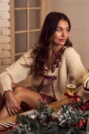 Parcel Post Plaid Tie Neck Sweater - Oatmeal