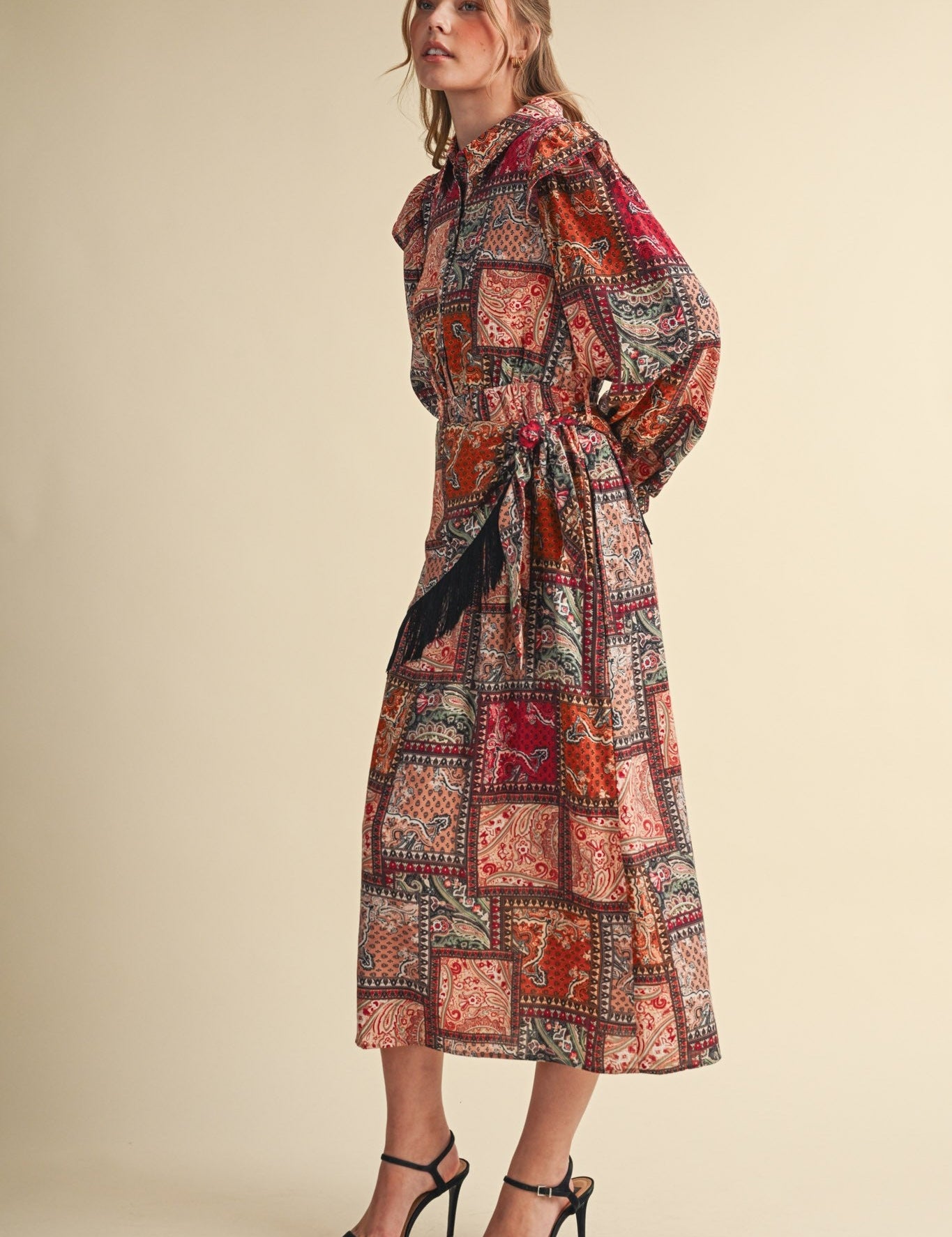 Patchwork Ballad Fringe Sash Midi Dress - Westly
