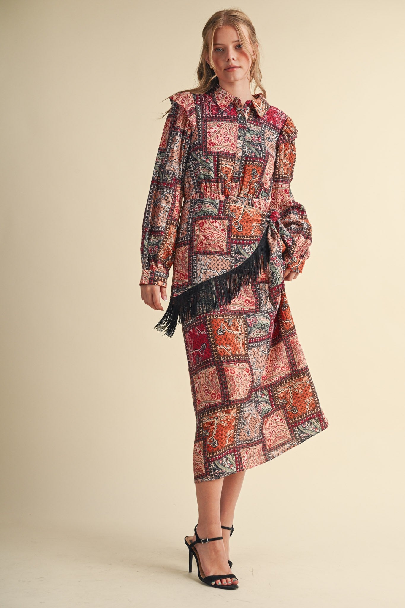 Patchwork Ballad Fringe Sash Midi Dress - Westly