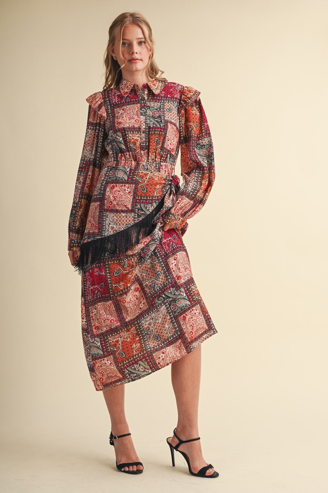 Patchwork Ballad Fringe Sash Midi Dress - Westly