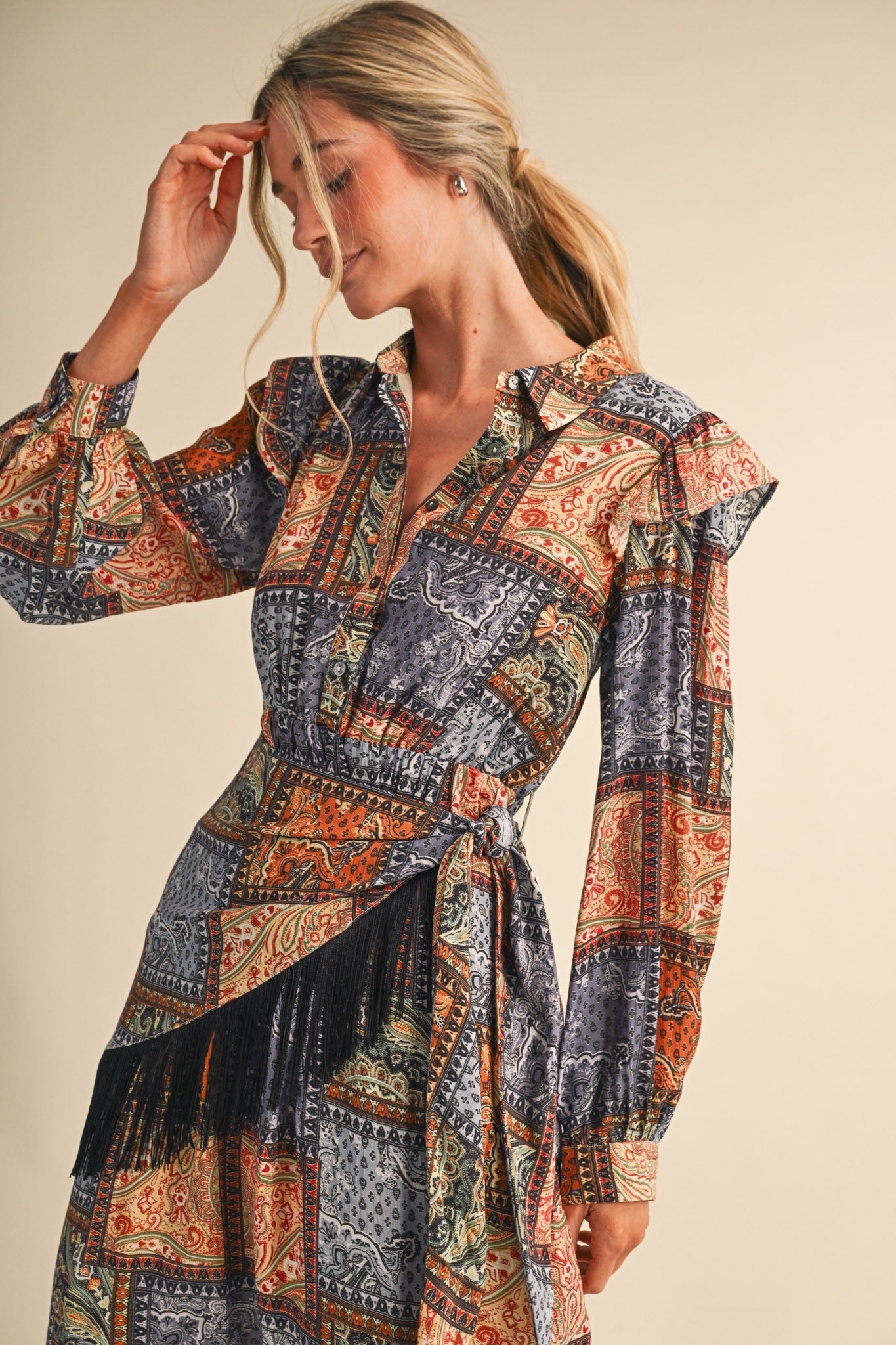 Patchwork Ballad Fringe Sash Midi Dress - Westly