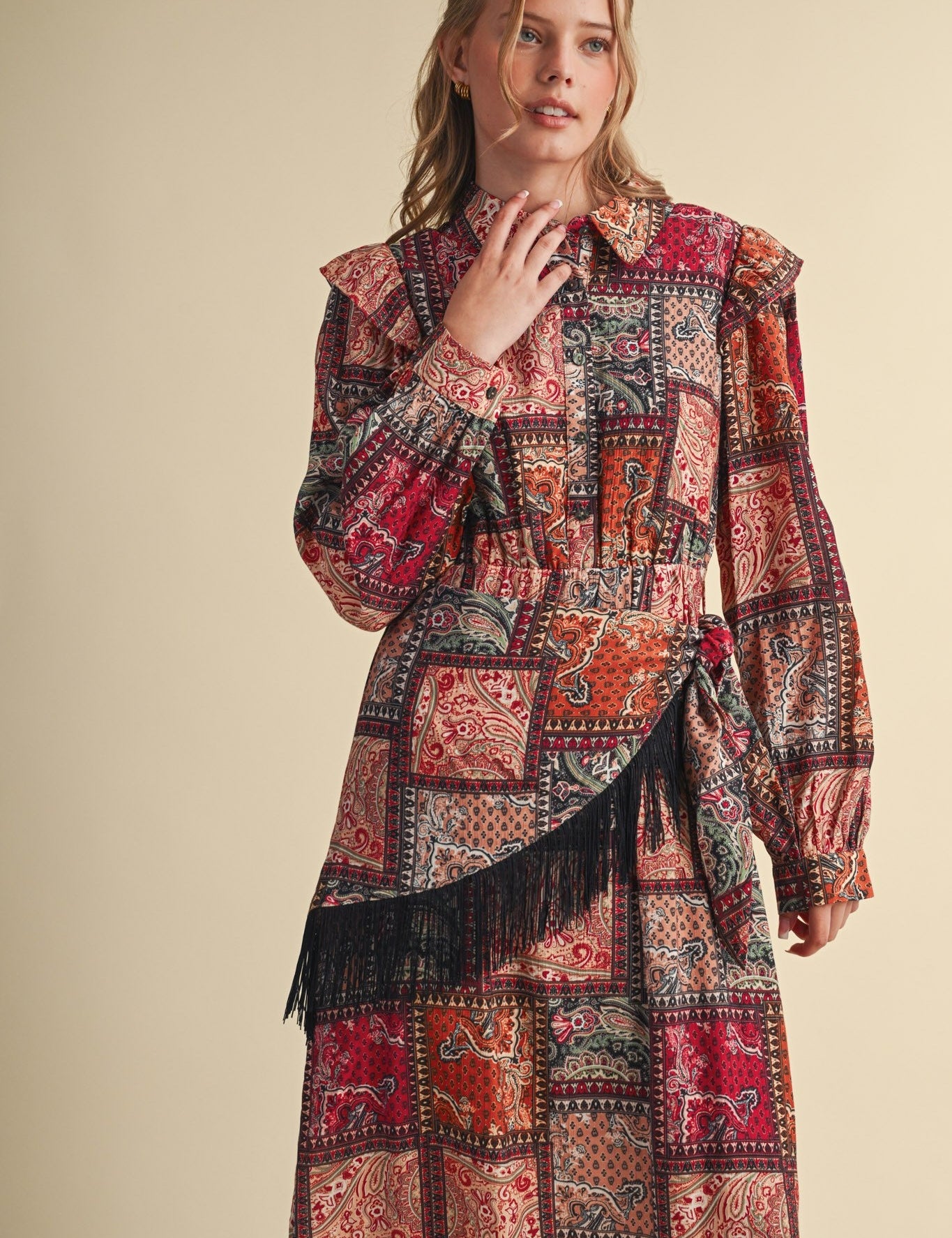 Patchwork Ballad Fringe Sash Midi Dress - Westly