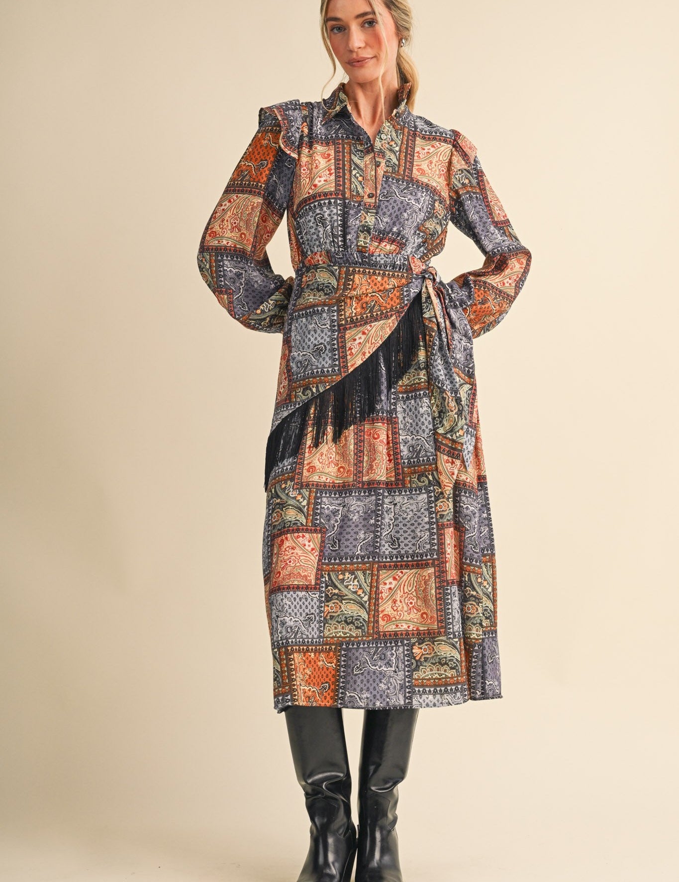 Patchwork Ballad Fringe Sash Midi Dress - Westly