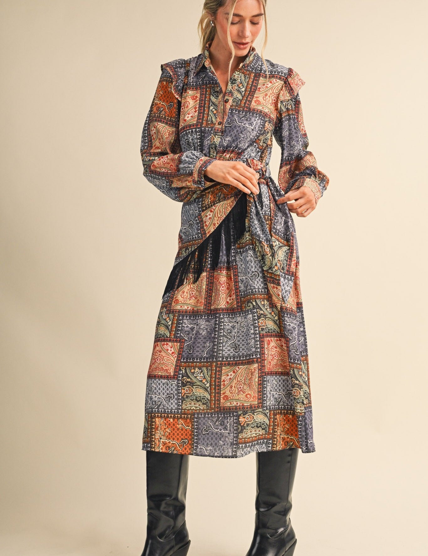Patchwork Ballad Fringe Sash Midi Dress - Westly