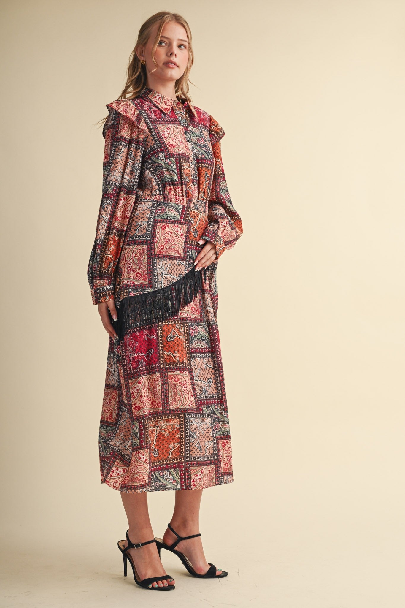 Patchwork Ballad Fringe Sash Midi Dress - Westly