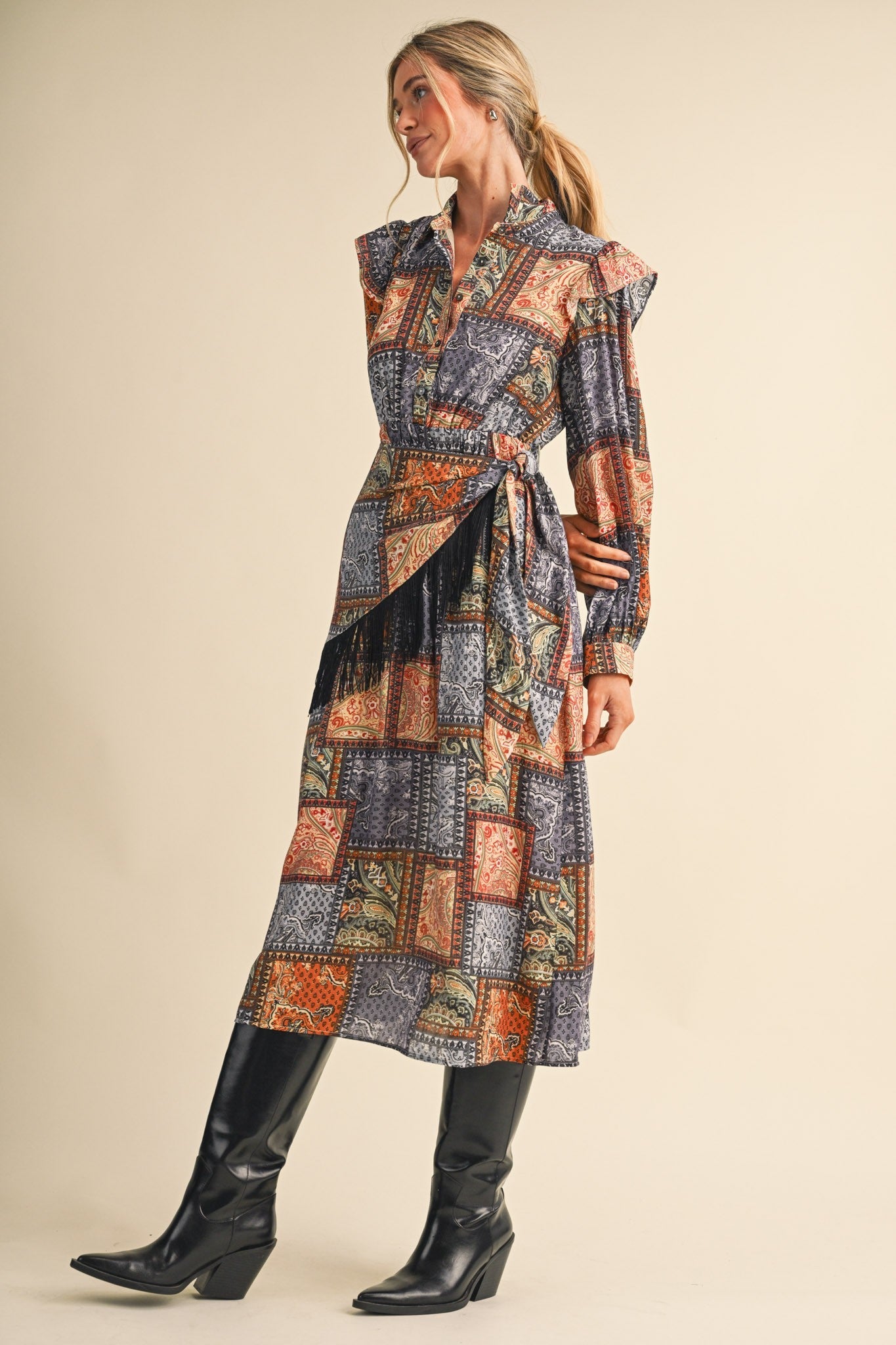 Patchwork Ballad Fringe Sash Midi Dress - Westly