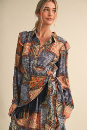 Patchwork Ballad Fringe Sash Printed Midi Dress in Pigeon Multi Patchwork, photo 1