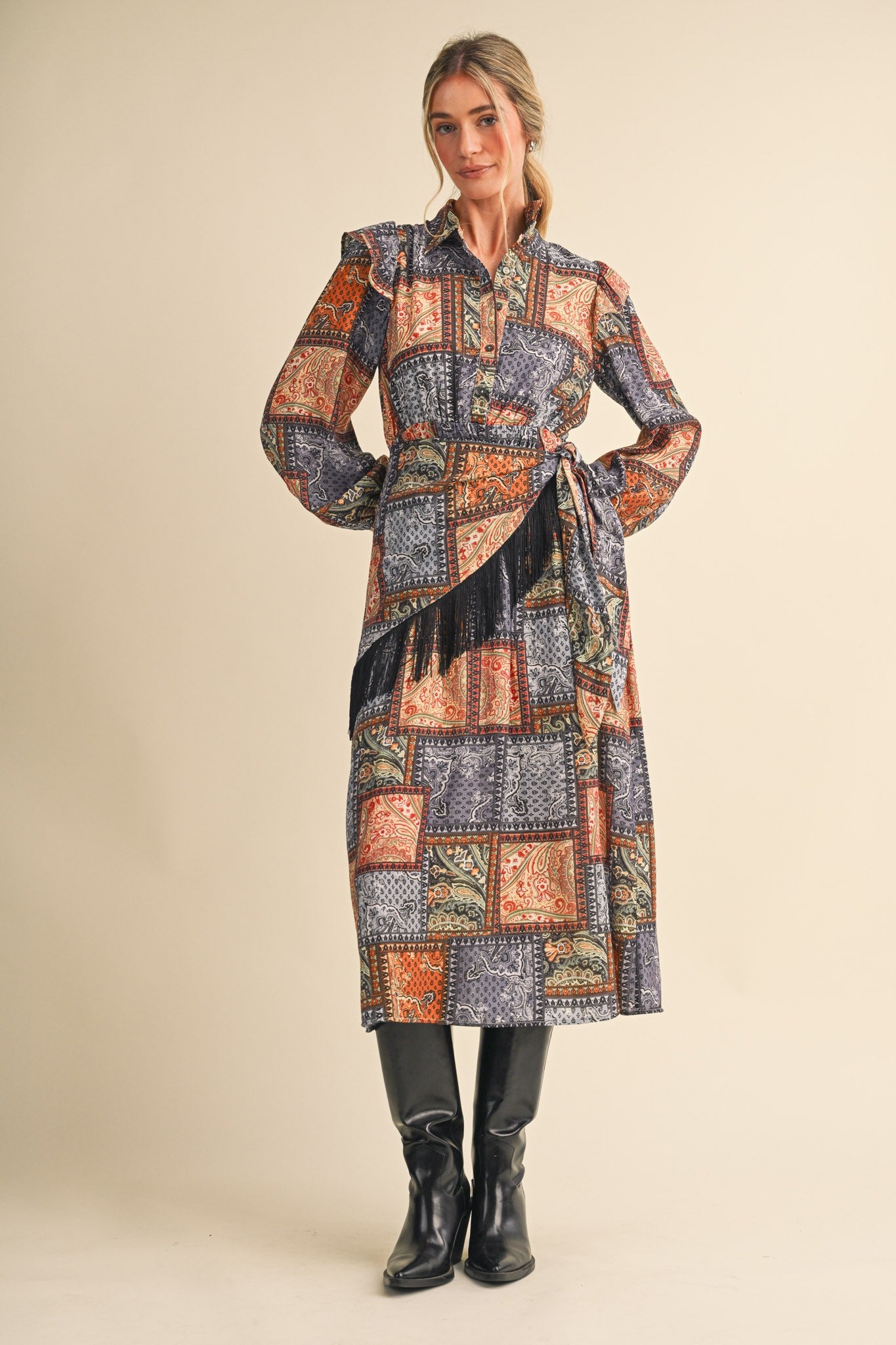 Patchwork Ballad Fringe Sash Printed Midi Dress in Pigeon Multi Patchwork, photo 2