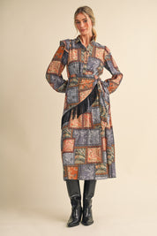 Patchwork Ballad Fringe Sash Printed Midi Dress in Pigeon Multi Patchwork, photo 2