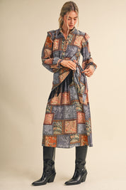 Patchwork Ballad Fringe Sash Printed Midi Dress in Pigeon Multi Patchwork, photo 3