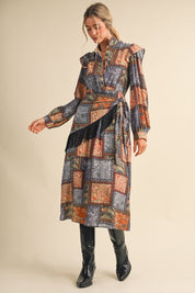 Patchwork Ballad Fringe Sash Printed Midi Dress in Pigeon Multi Patchwork, photo 6