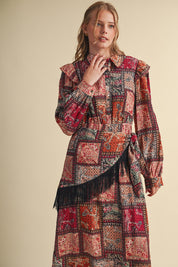Patchwork Ballad Fringe Sash Printed Midi Dress in Rust Multi Patchwork, photo 1