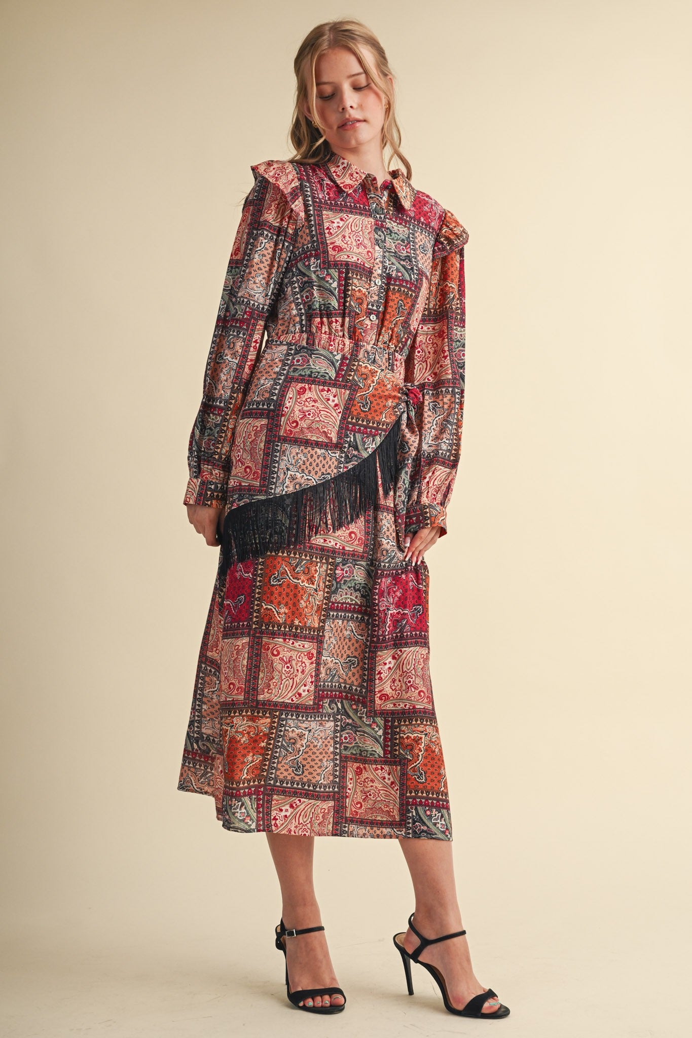 Patchwork Ballad Fringe Sash Printed Midi Dress in Rust Multi Patchwork, photo 3