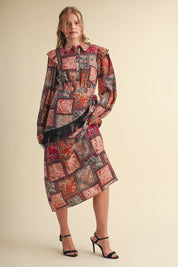 Patchwork Ballad Fringe Sash Printed Midi Dress in Rust Multi Patchwork, photo 4