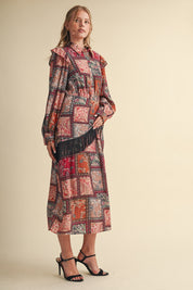Patchwork Ballad Fringe Sash Printed Midi Dress in Rust Multi Patchwork, photo 6