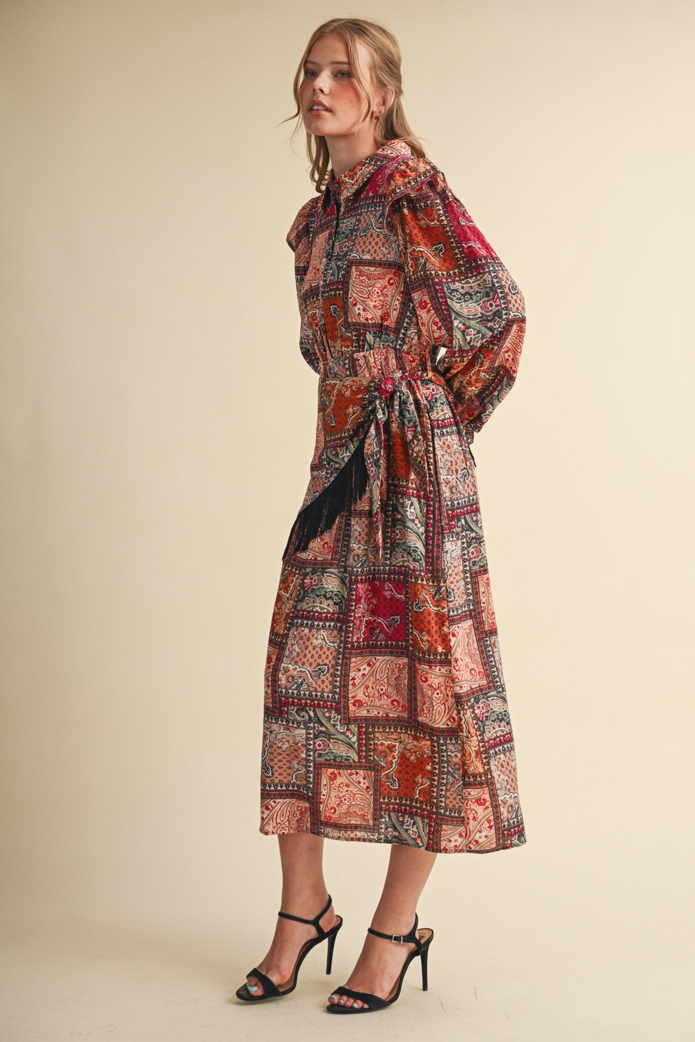 Patchwork Ballad Fringe Sash Printed Midi Dress in Rust Multi Patchwork, photo 7