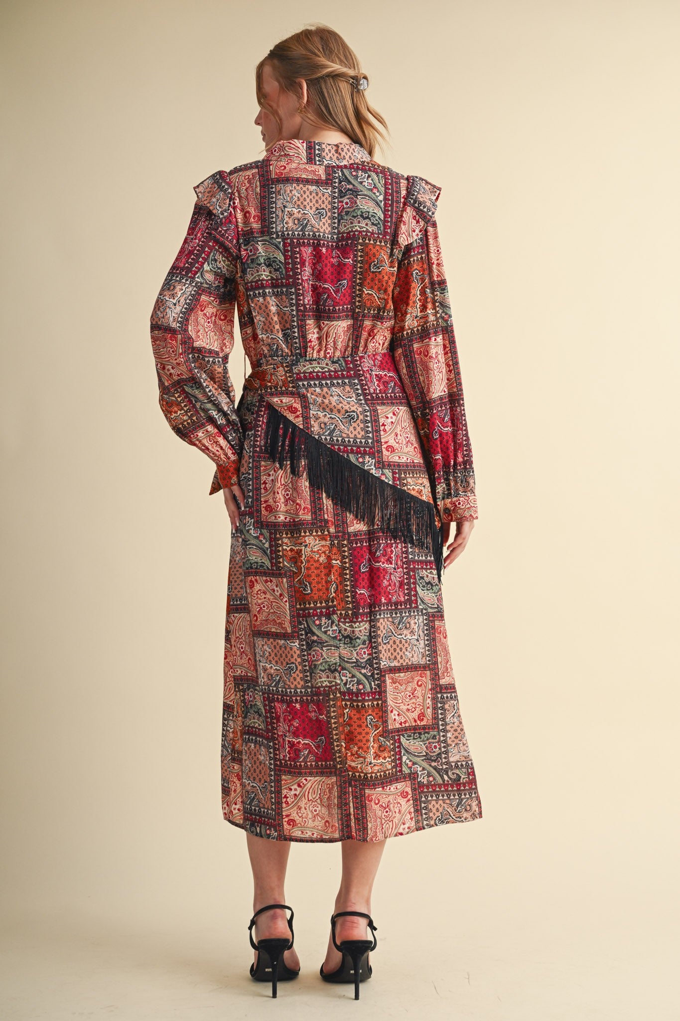 Patchwork Ballad Fringe Sash Printed Midi Dress in Rust Multi Patchwork, photo 8