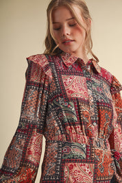 Patchwork Ballad Fringe Sash Printed Midi Dress in Rust Multi Patchwork, photo 10