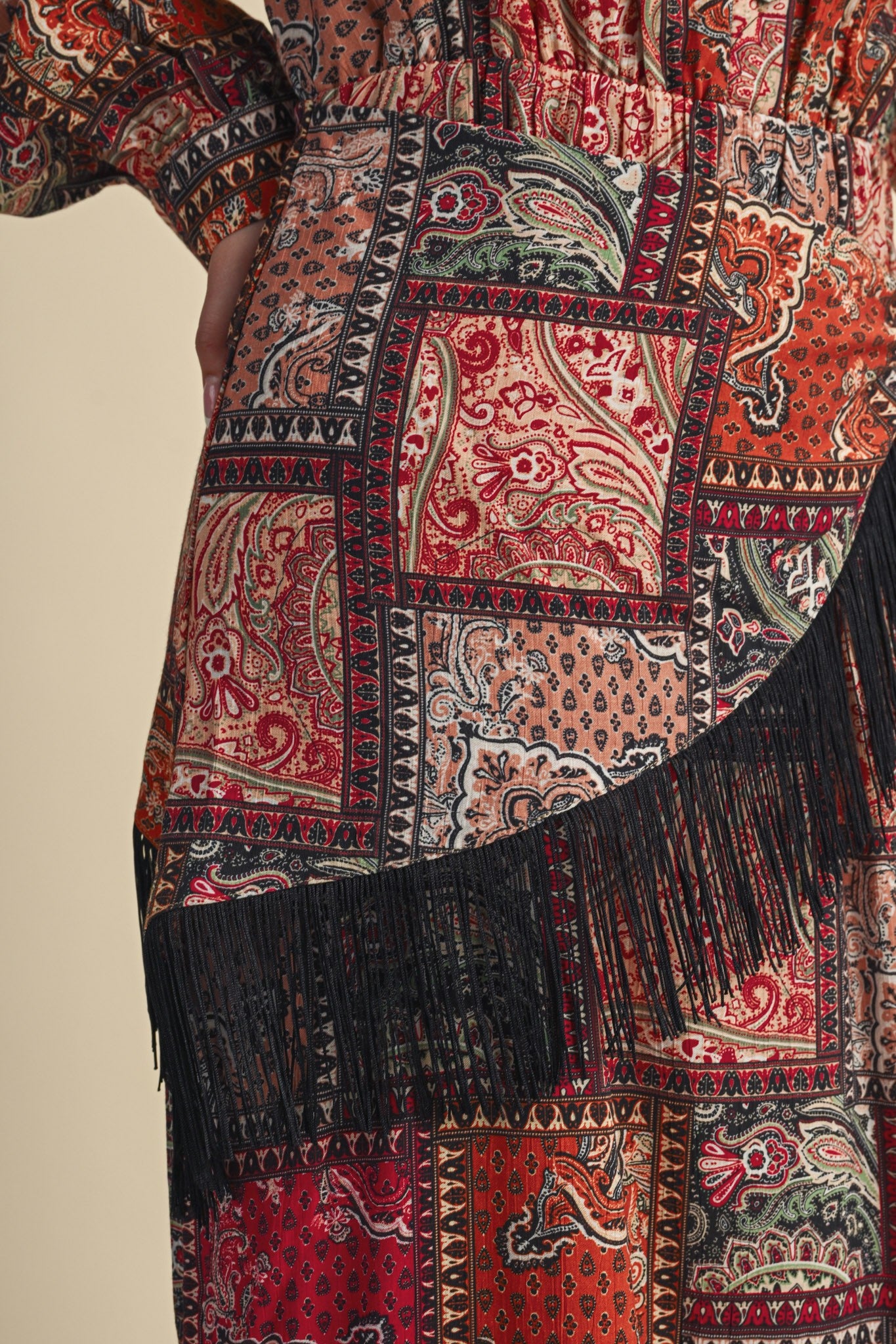 Patchwork Ballad Fringe Sash Printed Midi Dress in Rust Multi Patchwork, photo 11