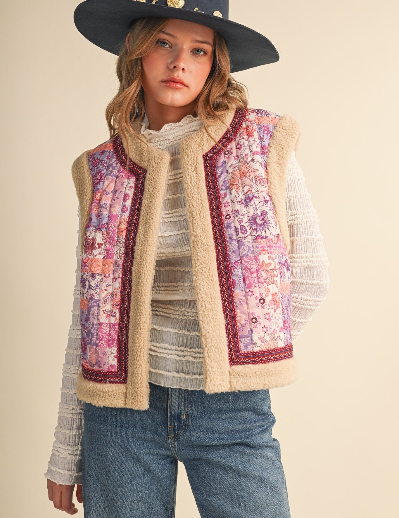 Patchwork Picnic Floral Print Sherpa Vest - Westly
