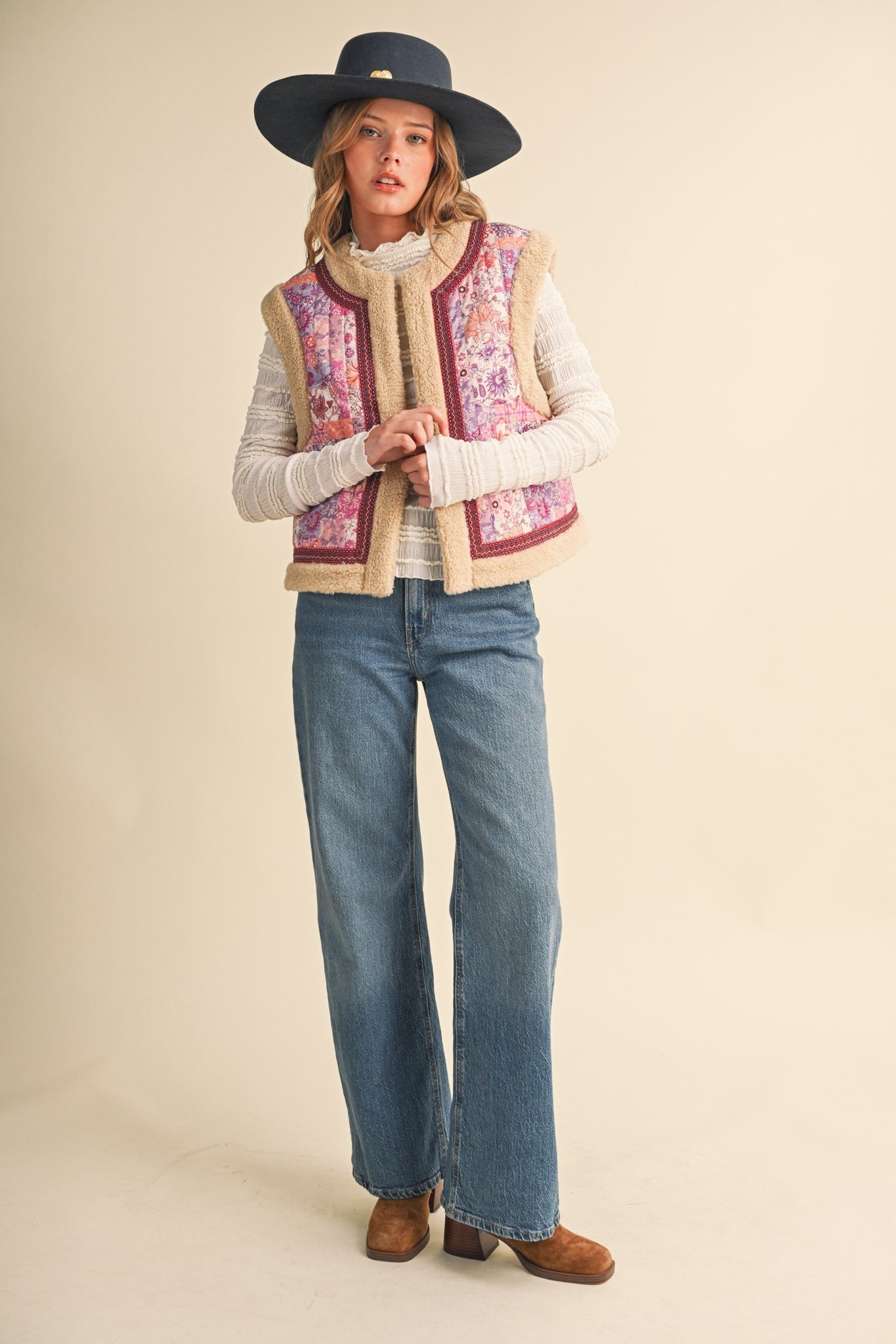 Patchwork Picnic Floral Print Sherpa Vest - Westly