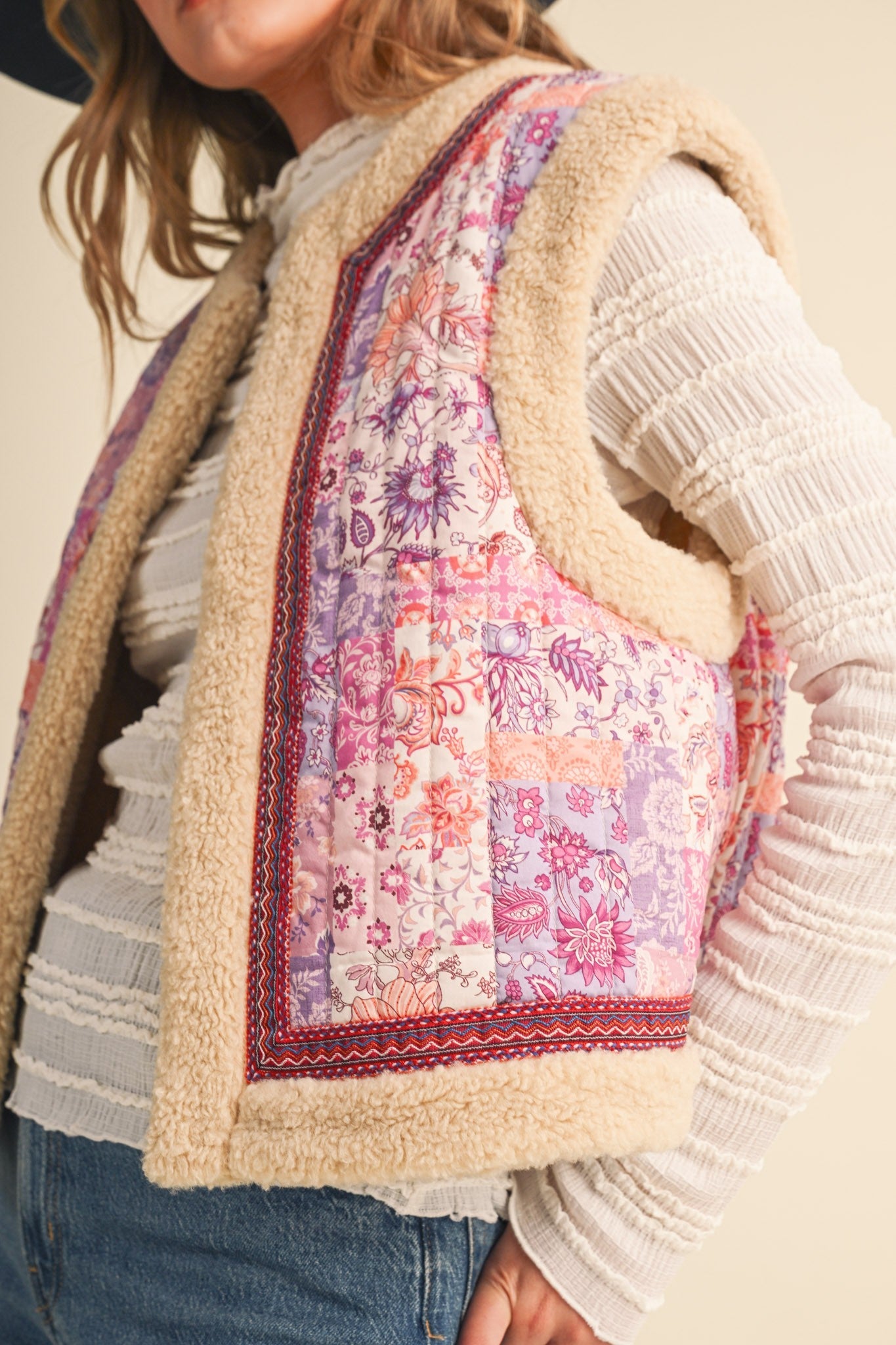 Patchwork Picnic Floral Print Sherpa Vest - Westly