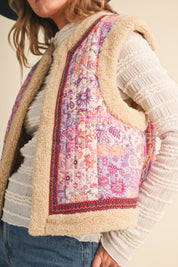 Patchwork Picnic Floral Print Sherpa Vest - Westly