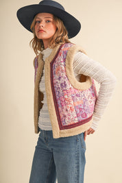 Patchwork Picnic Floral Print Sherpa Vest - Westly