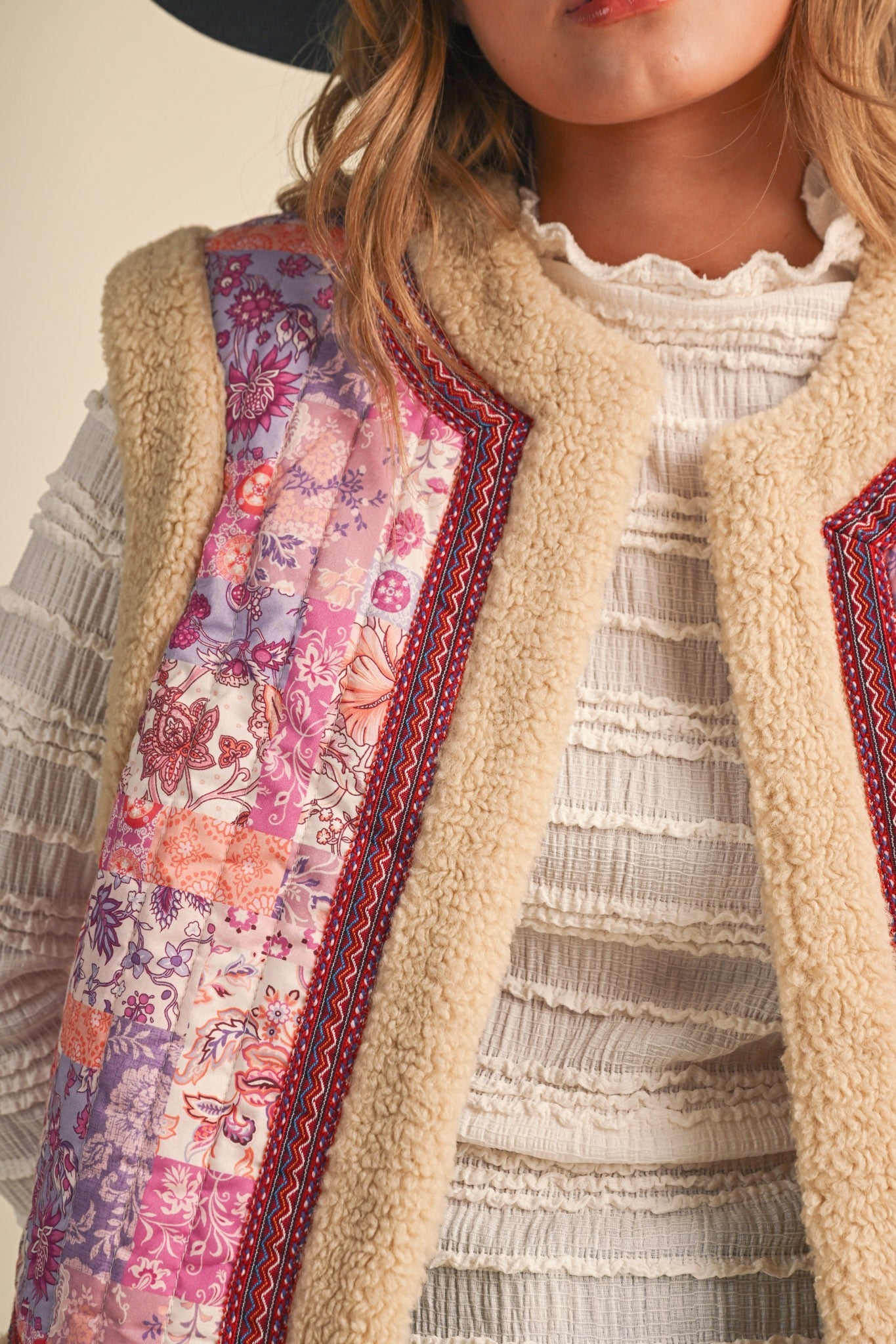 Patchwork Picnic Floral Print Sherpa Vest - Westly
