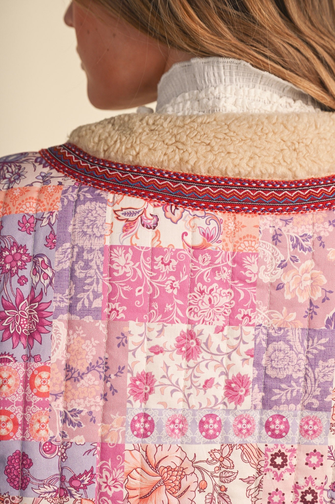 Patchwork Picnic Floral Print Sherpa Vest - Westly