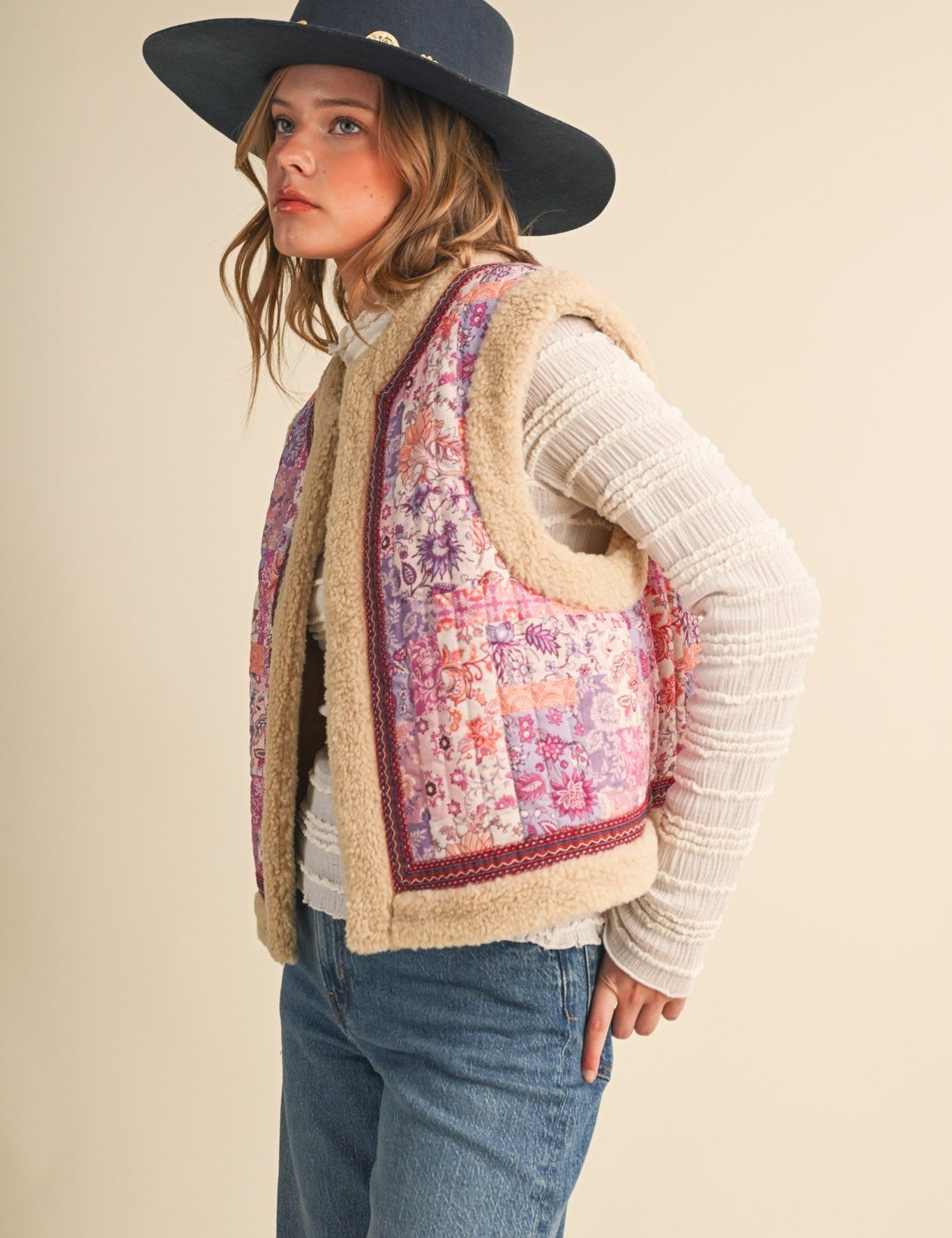 Patchwork Picnic Floral Print Sherpa Vest - Westly