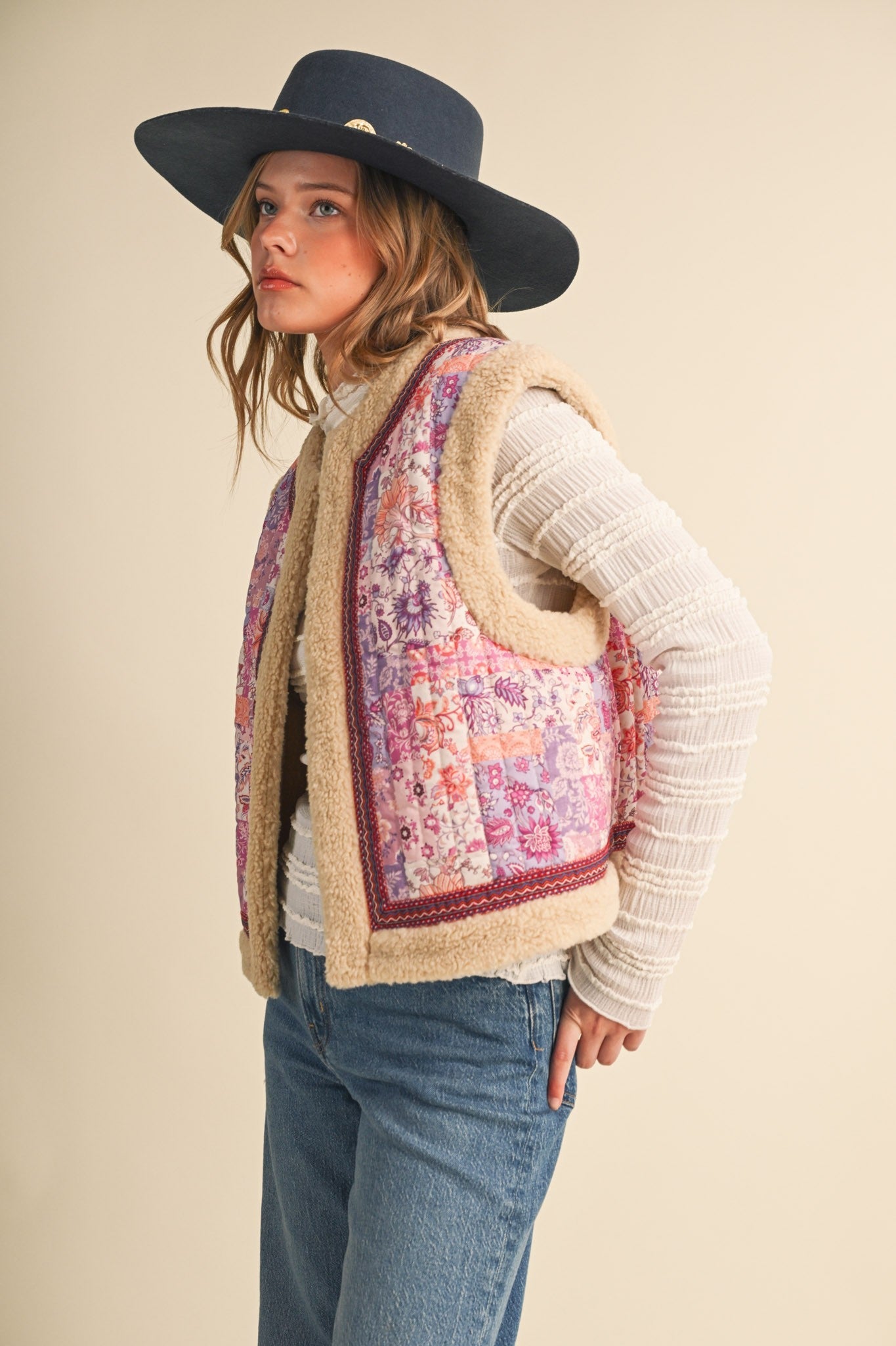 Patchwork Picnic Floral Print Sherpa Vest - Westly