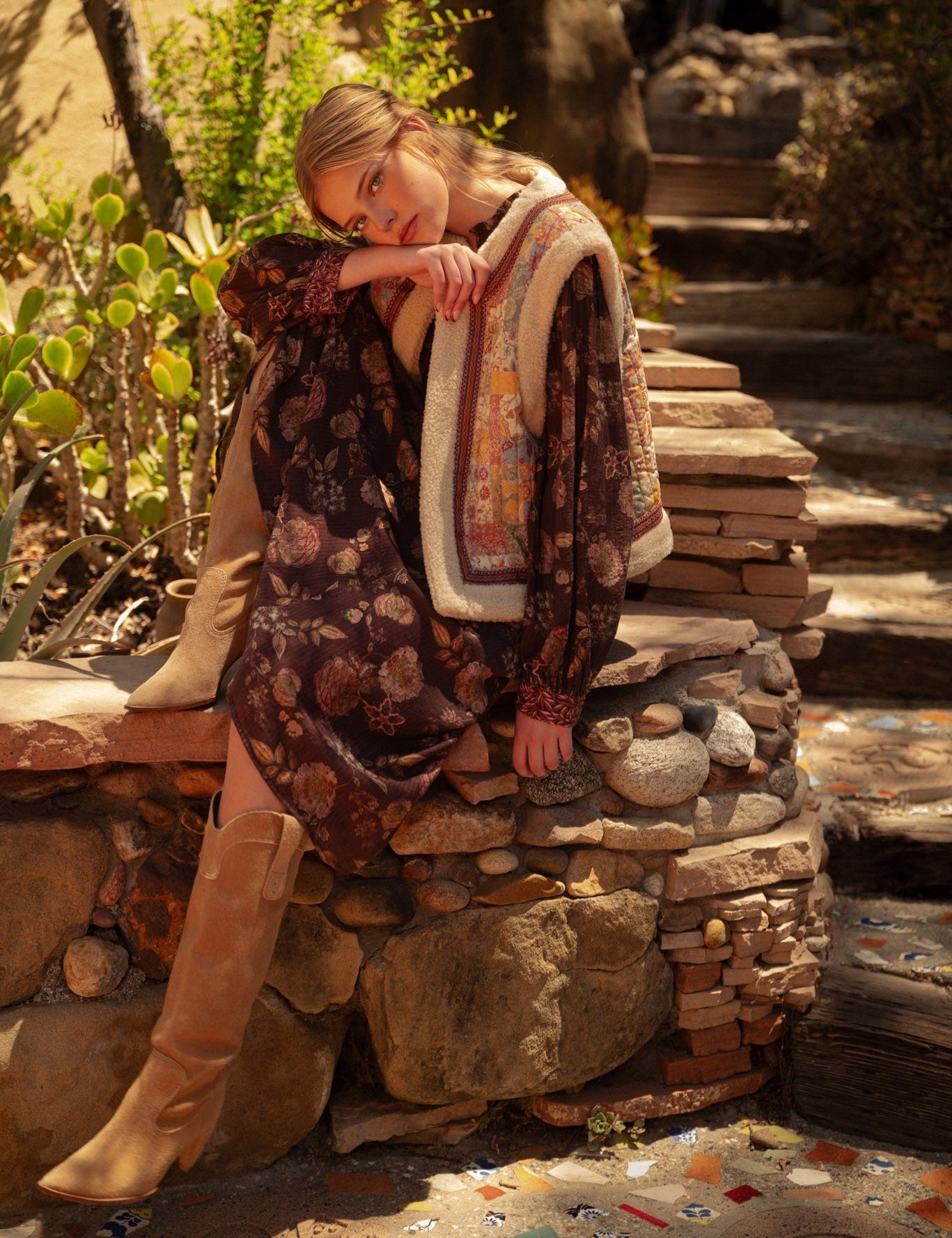 Patchwork Picnic Floral Print Sherpa Vest - Westly