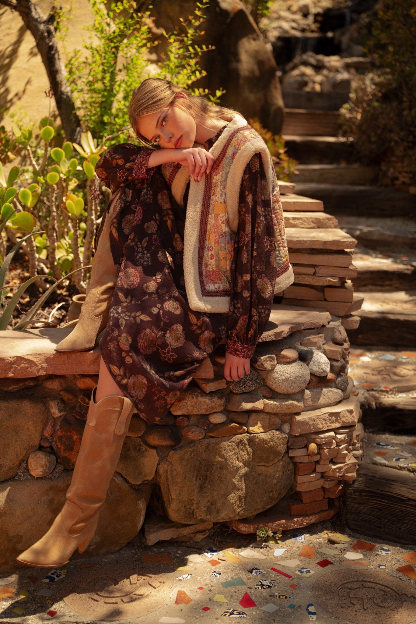 Patchwork Picnic Floral Print Sherpa Vest - Westly