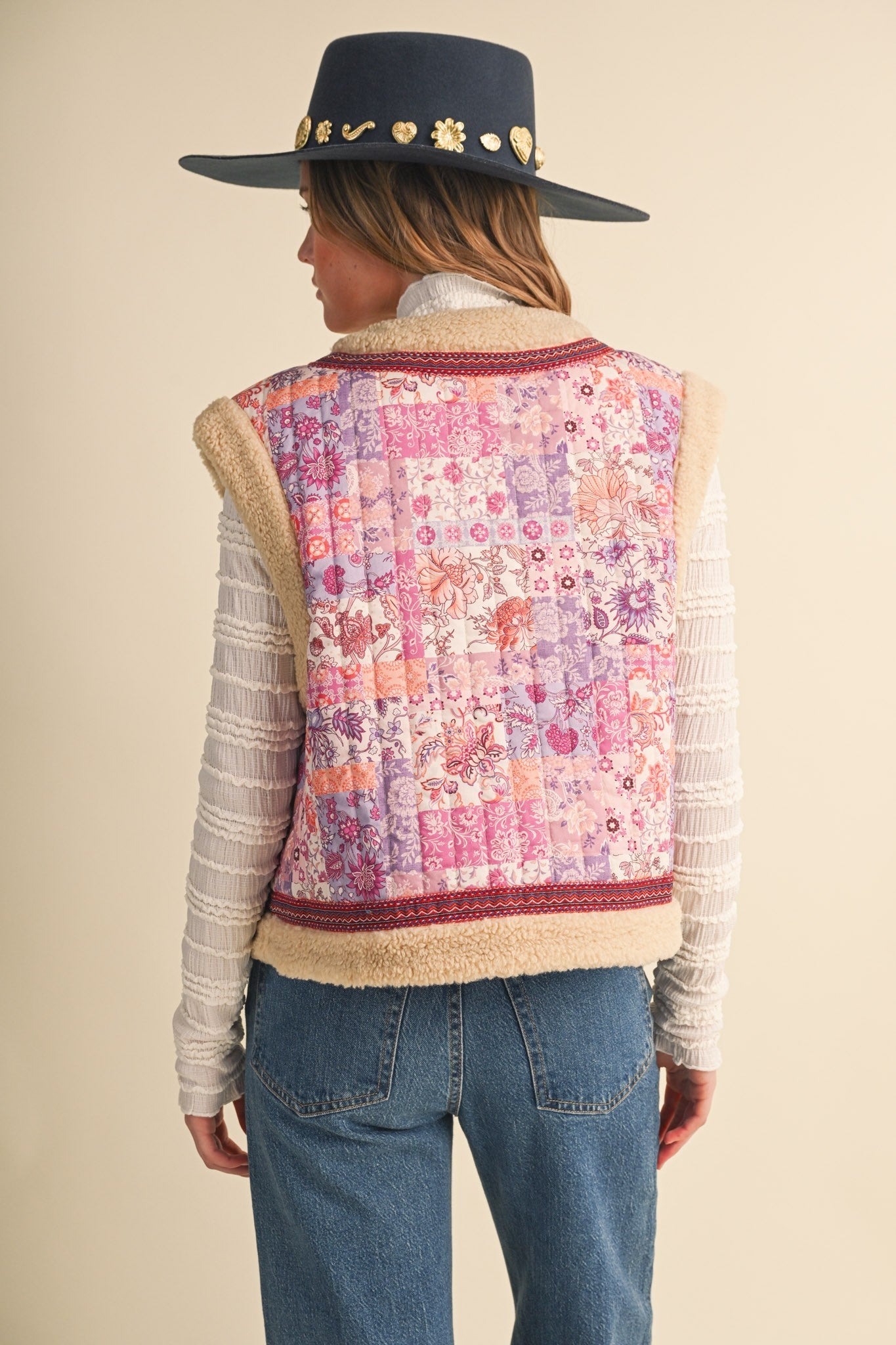 Patchwork Picnic Floral Print Sherpa Vest - Westly