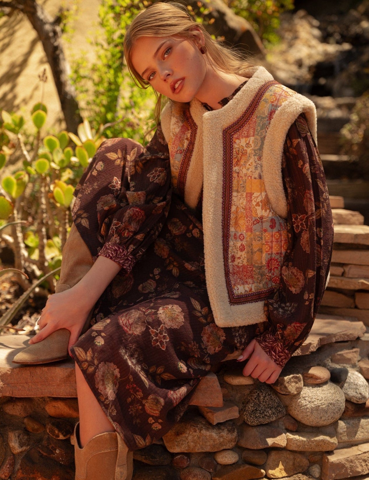 Patchwork Picnic Floral Print Sherpa Vest - Westly