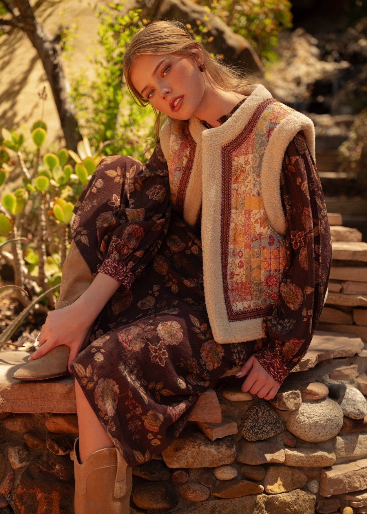 Patchwork Picnic Floral Print Sherpa Vest - Westly